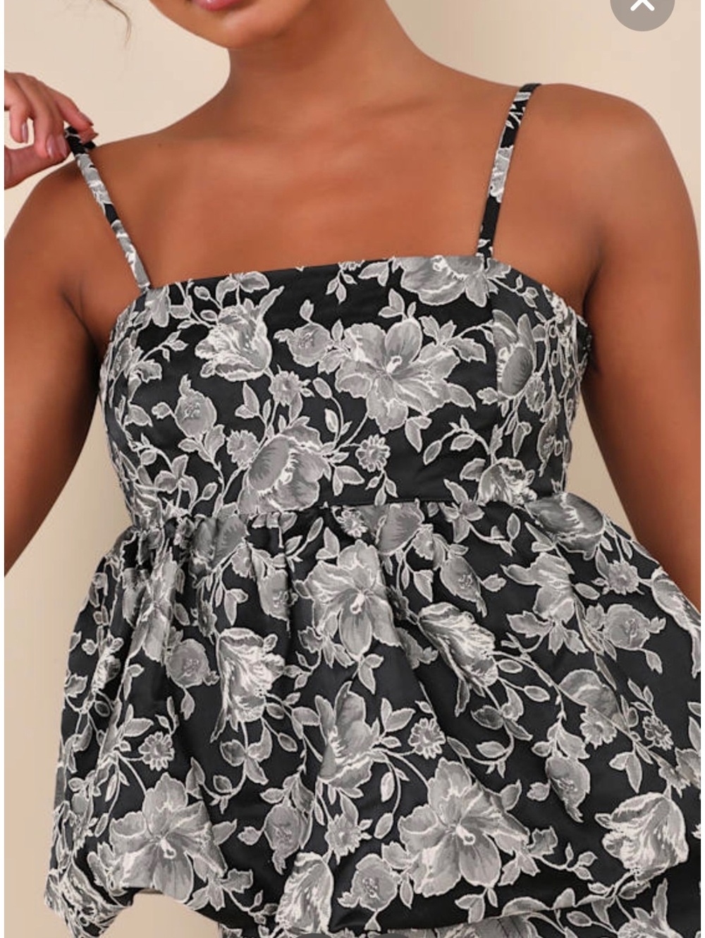 Steve Madden Black Floral Jacquard Smocked Peplum Top